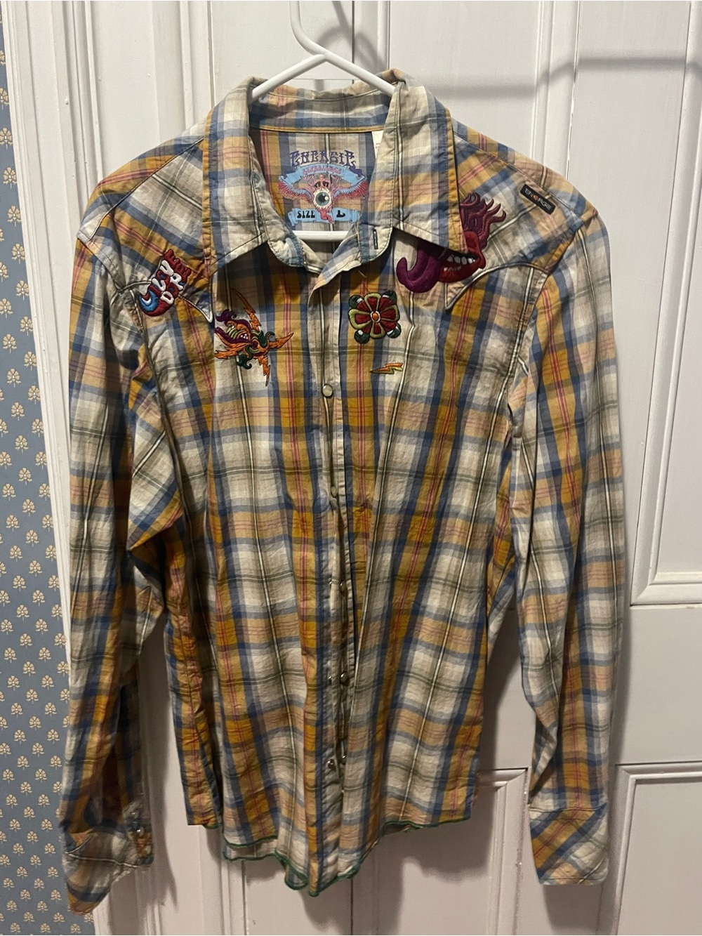 Energie Yellow and Blue Plaid Button-Down Shirt with Embroidered Accents